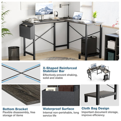 Wooden Corner Table with CPU Storage Shelf & Side Bag