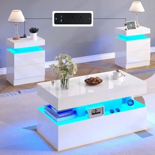 3 Pc Modern High Gloss Coffee Table Set w/ LED Light & Storage