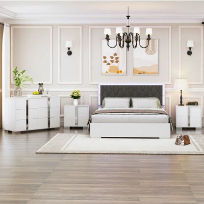 4 Pc Queen Bedroom Set w/ Upholstered Bed, Dresser & 2 Nightstands