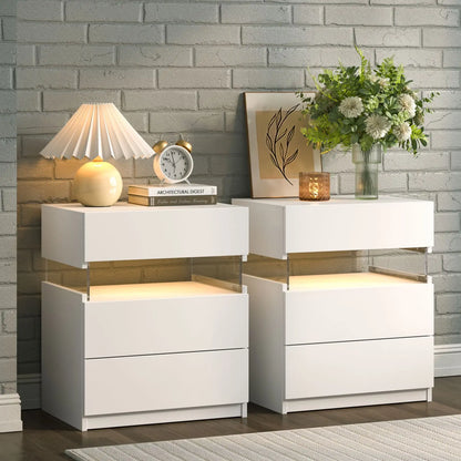 Bedside Tables Set with LED Lighting & 3 Drawers