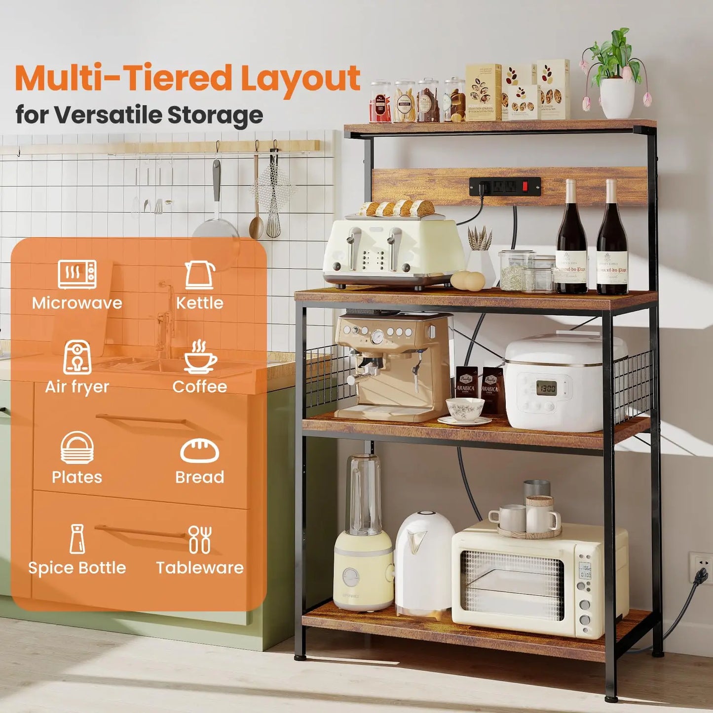 Kitchen Bakers Rack with Power Outlet & Adjustable Storage Shelf