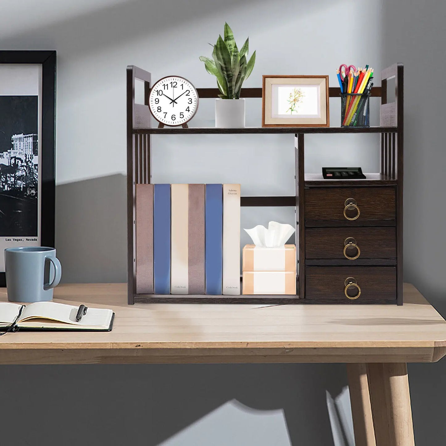 Bamboo Desktop Organizer with Storage Shelves & 3 Drawers