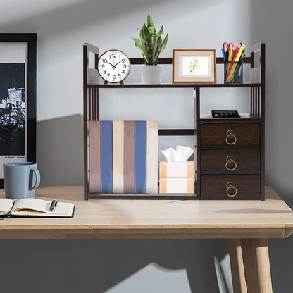 Bamboo Desktop Organizer with Storage Shelves & 3 Drawers