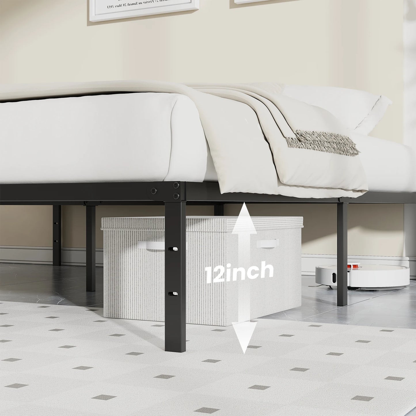 Basic Sturdy Steel Slat Support Bed Frame with 12" Storage Space