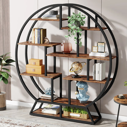 63-Inch Round Wood Bookshelf with Staggered Shelves