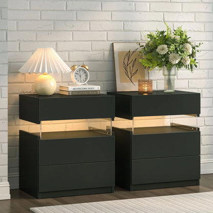 Bedside Tables Set with LED Lighting & 3 Drawers