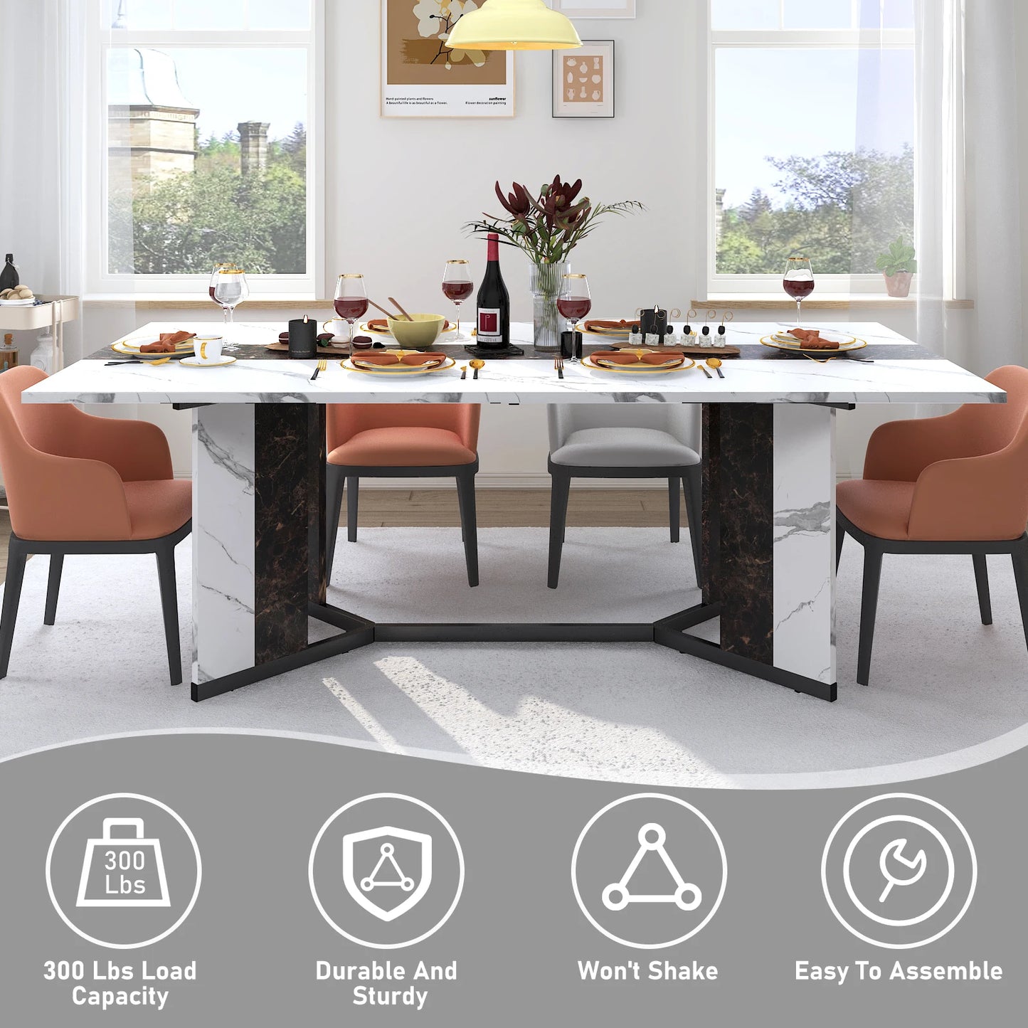 71" Large Rectangular Family Dinner Table with Marble Color, Wood Tabletop & Metal Leg