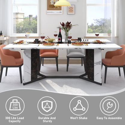 71" Large Rectangular Family Dinner Table with Marble Color, Wood Tabletop & Metal Leg