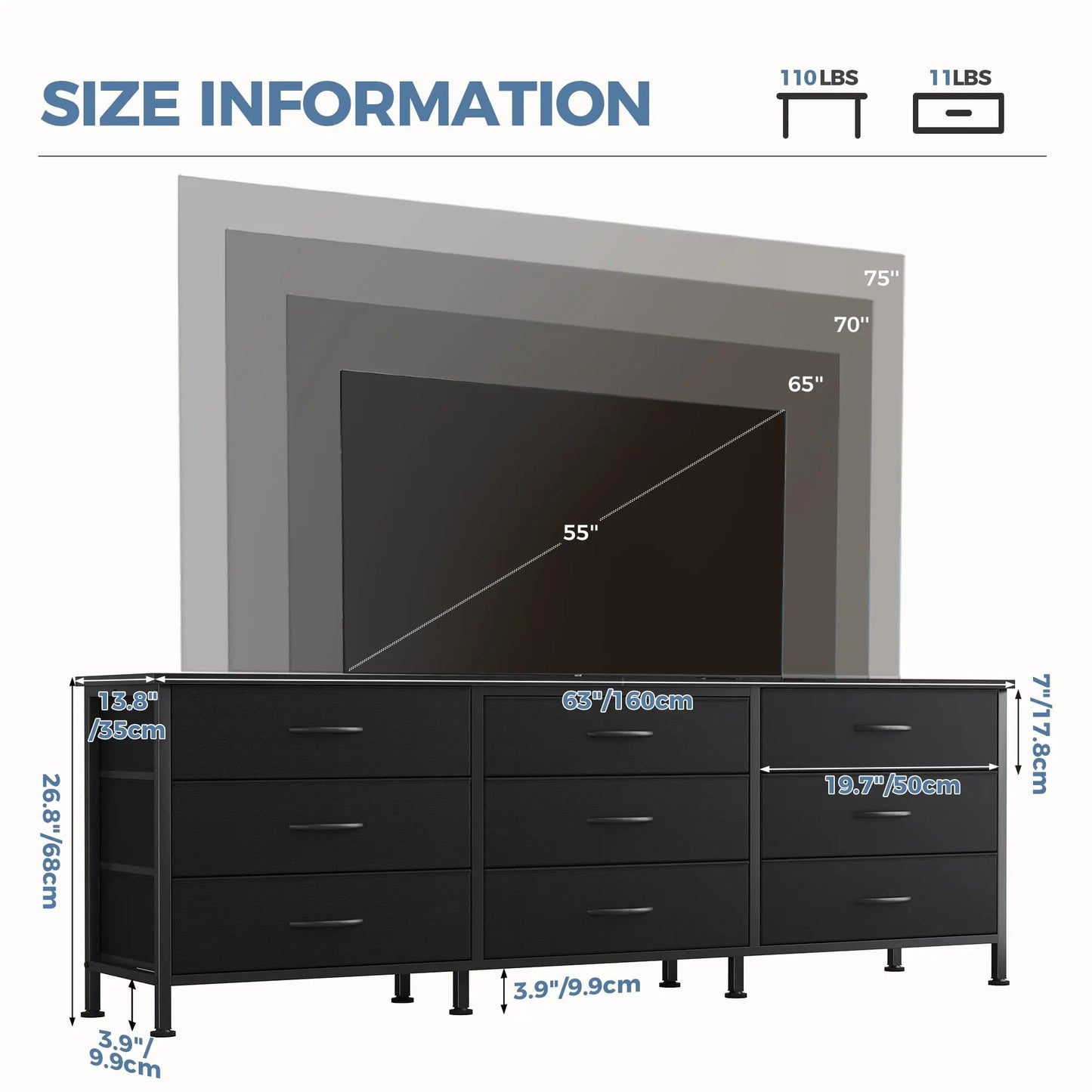 Long Entertainment Center Up to 75 Inch TV Storage Drawers