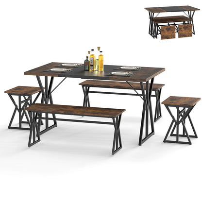 5-Piece Dining Room Set with 2 Benches & 2 Stools