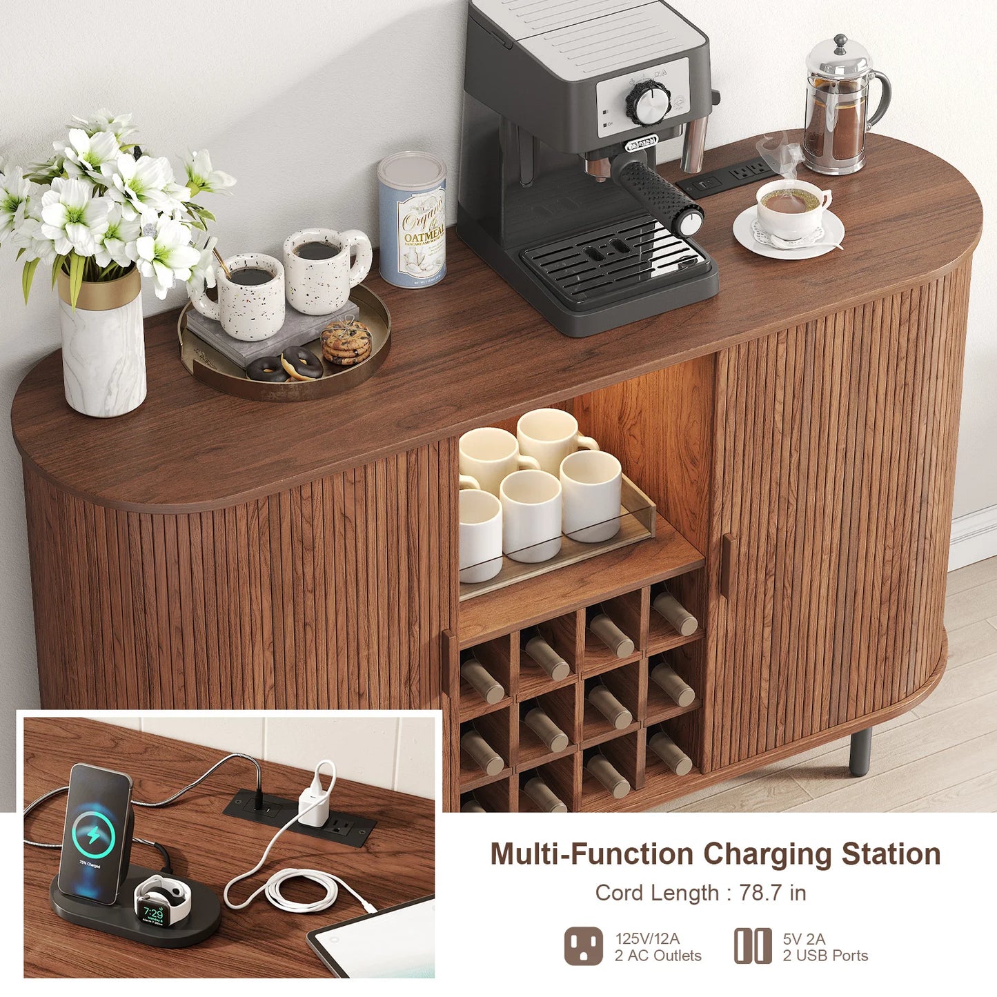 Wine Bar Cabinet w/ LED Light, Wine Rack & Glass Holder