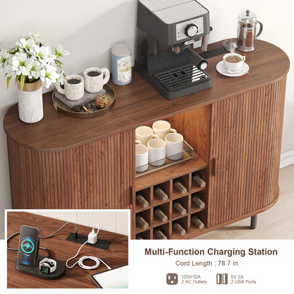 Wine Bar Cabinet w/ LED Light, Wine Rack & Glass Holder