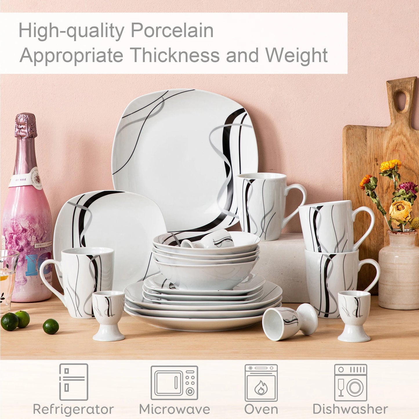 20/40 Piece Black Stripe Porcelain Dinner Kitchen Plate Set