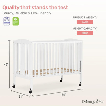 Full-Size Baby Crib is Portable with Quick Fold System, Strong Wheels, Adjustable Mattress Heights