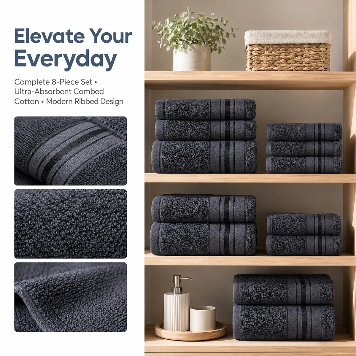 8 Piece Luxury Towel Set –Plush, Super Absorbent & Quicker-to-Dry