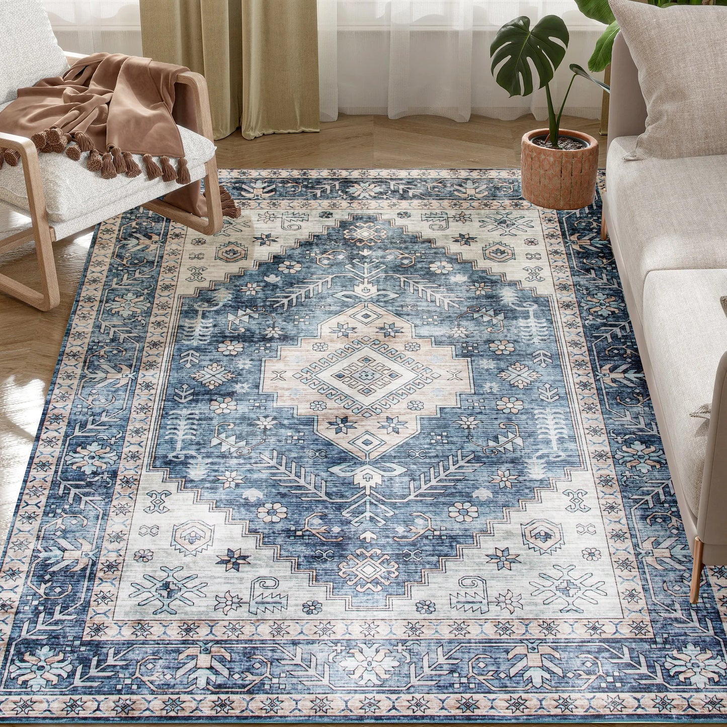 Blue 4'x6' Vintage Oriental Medallion Distressed Rugs