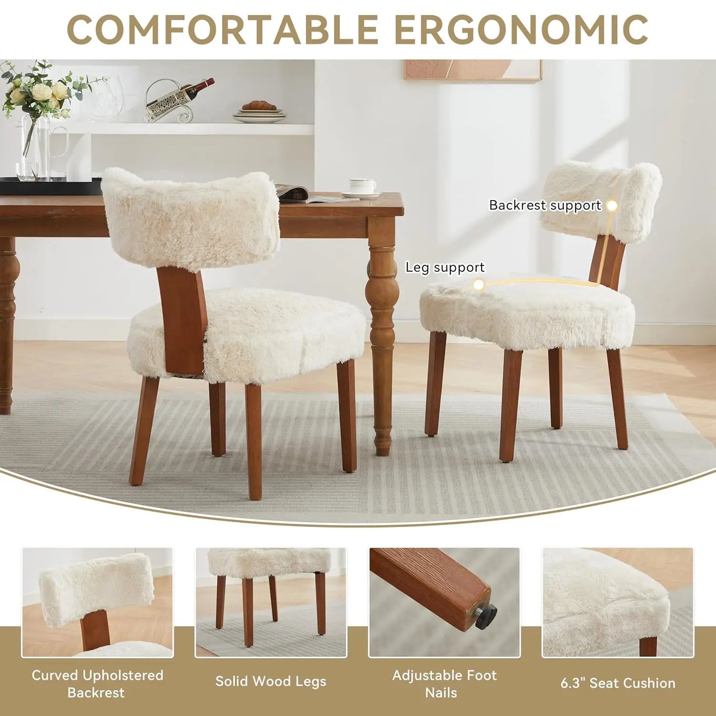 Set of 4 Mid-Century Fur Fabric Dining Chairs with Curved Backrest & Wood Legs