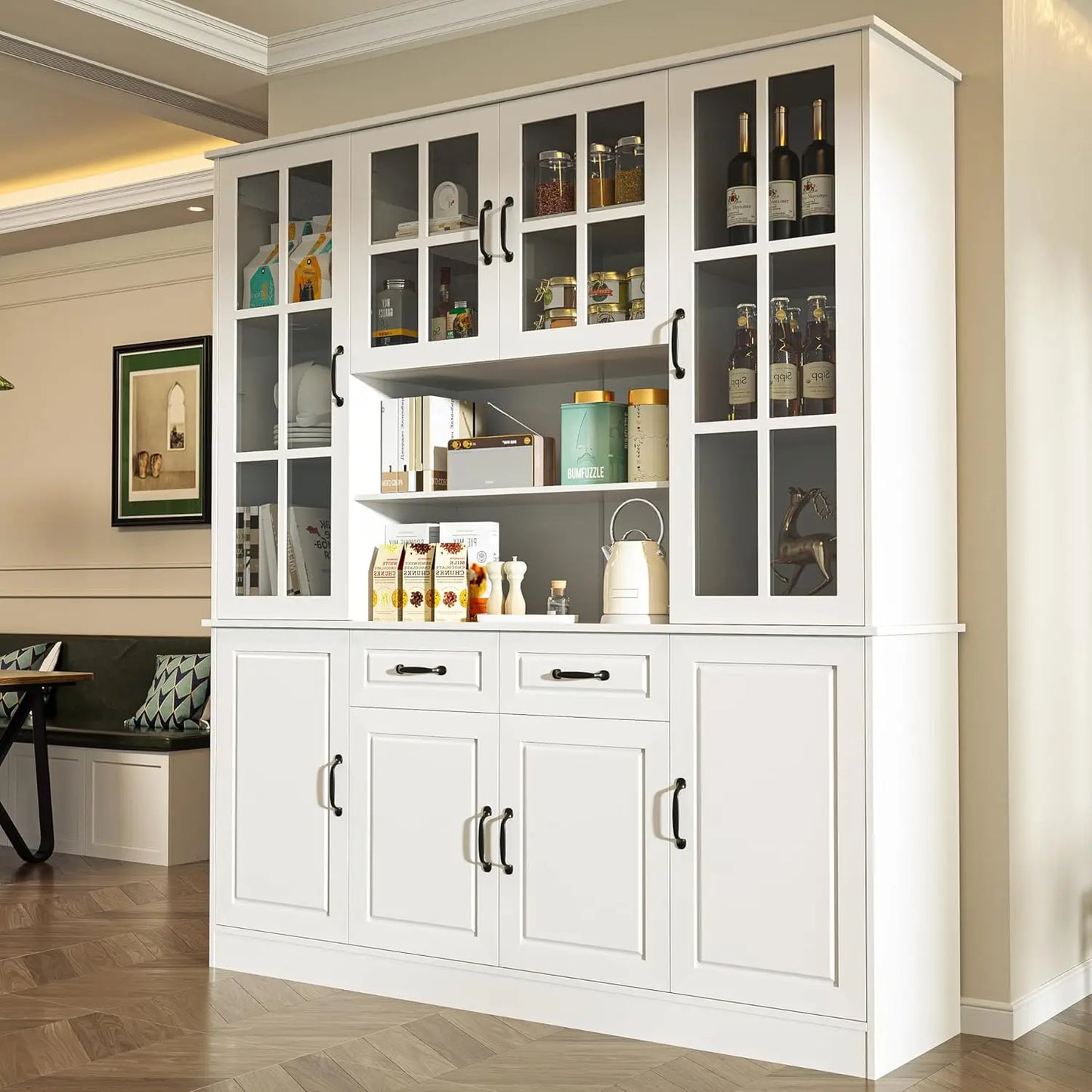 Large China Hutch with 2 Drawers, 5 Adjustable Shelves & Glass Doors