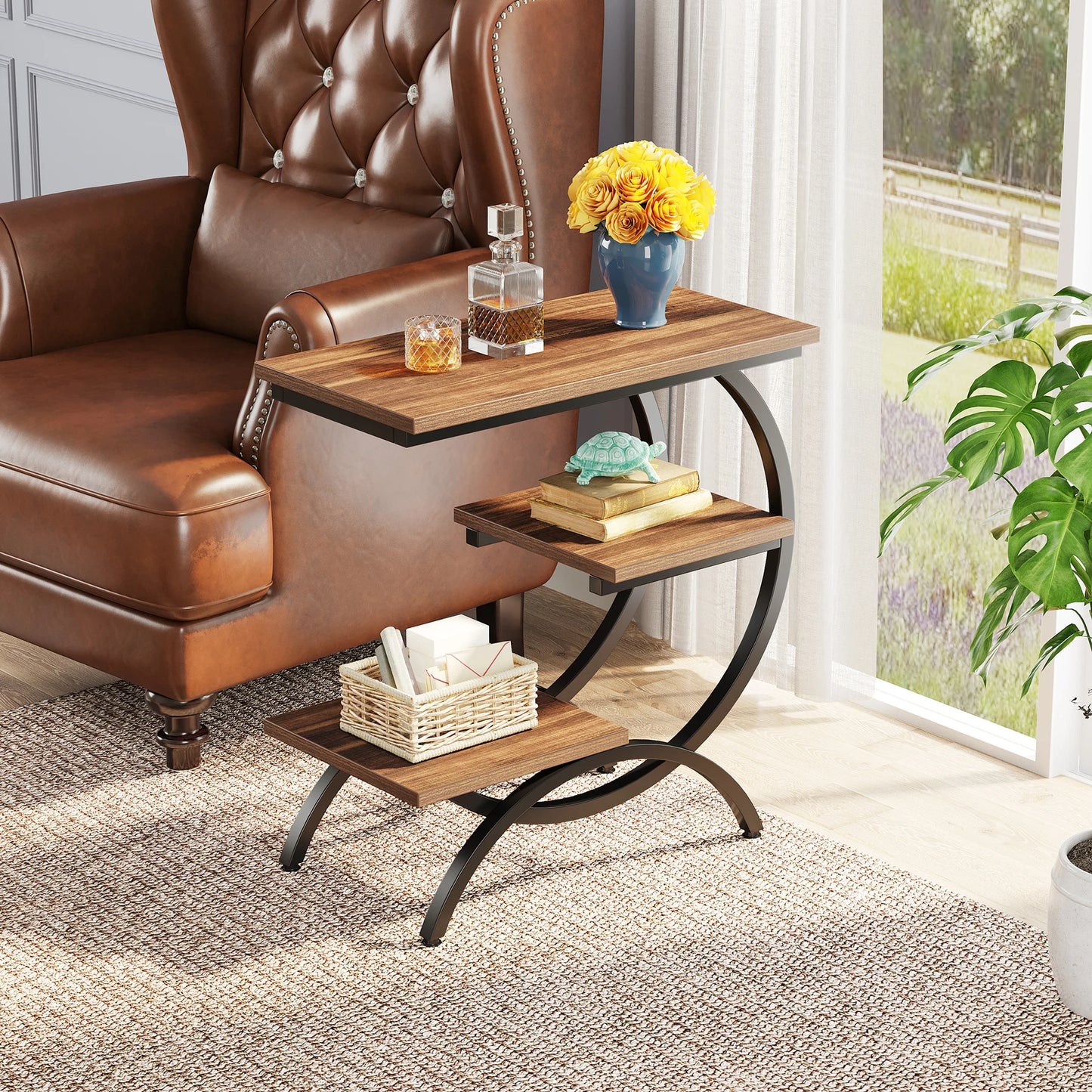 3-Tier, C-Shaped End Table with Storage Shelves