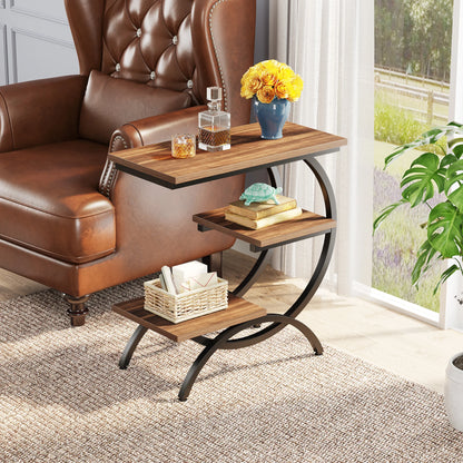 3-Tier, C-Shaped End Table with Storage Shelves