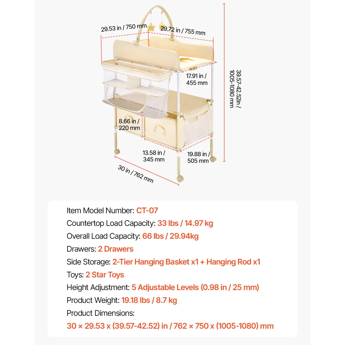 Foldable Diaper Changing Station with 2 Fabric Drawers & Side Basket