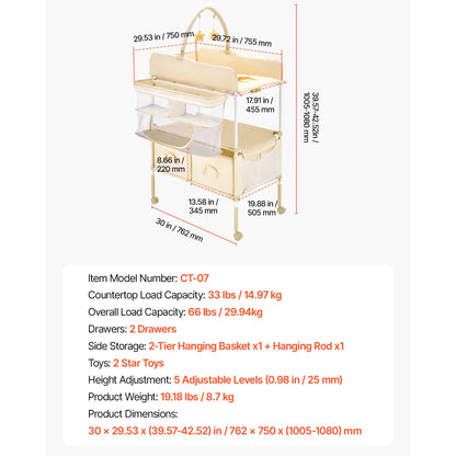 Foldable Diaper Changing Station with 2 Fabric Drawers & Side Basket