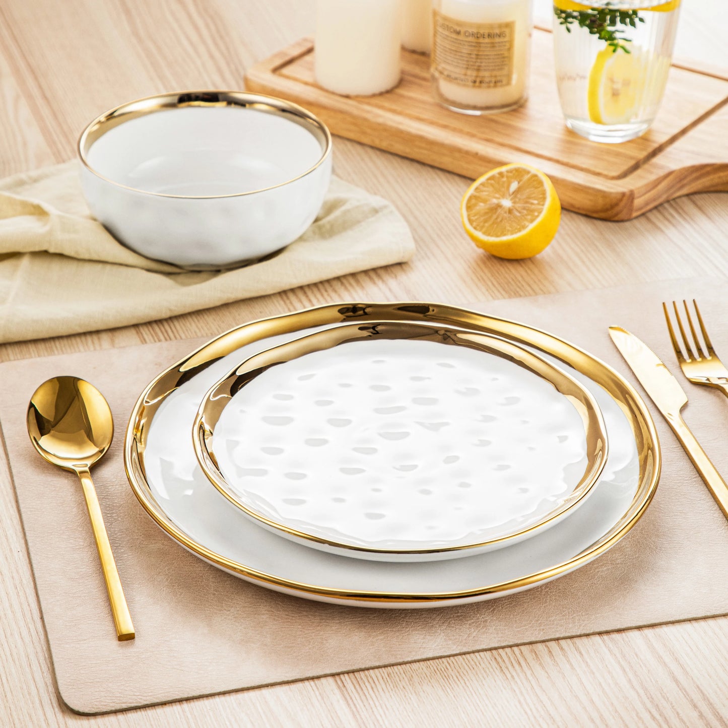 12/24 Piece White with Golden Rim Porcelain Dinnerware Sets