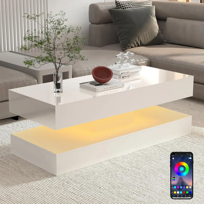 Double-Layer Coffee Table with LED lights & 2 Storage Drawers