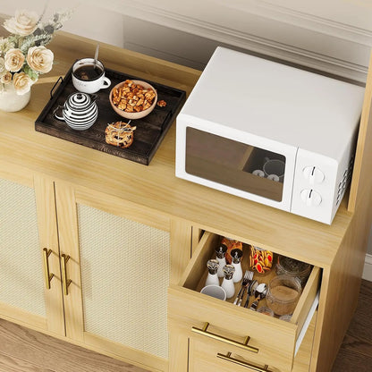 Rattan Kitchen Pantry Cabinet with 3 Drawers & Adjustable Shelves