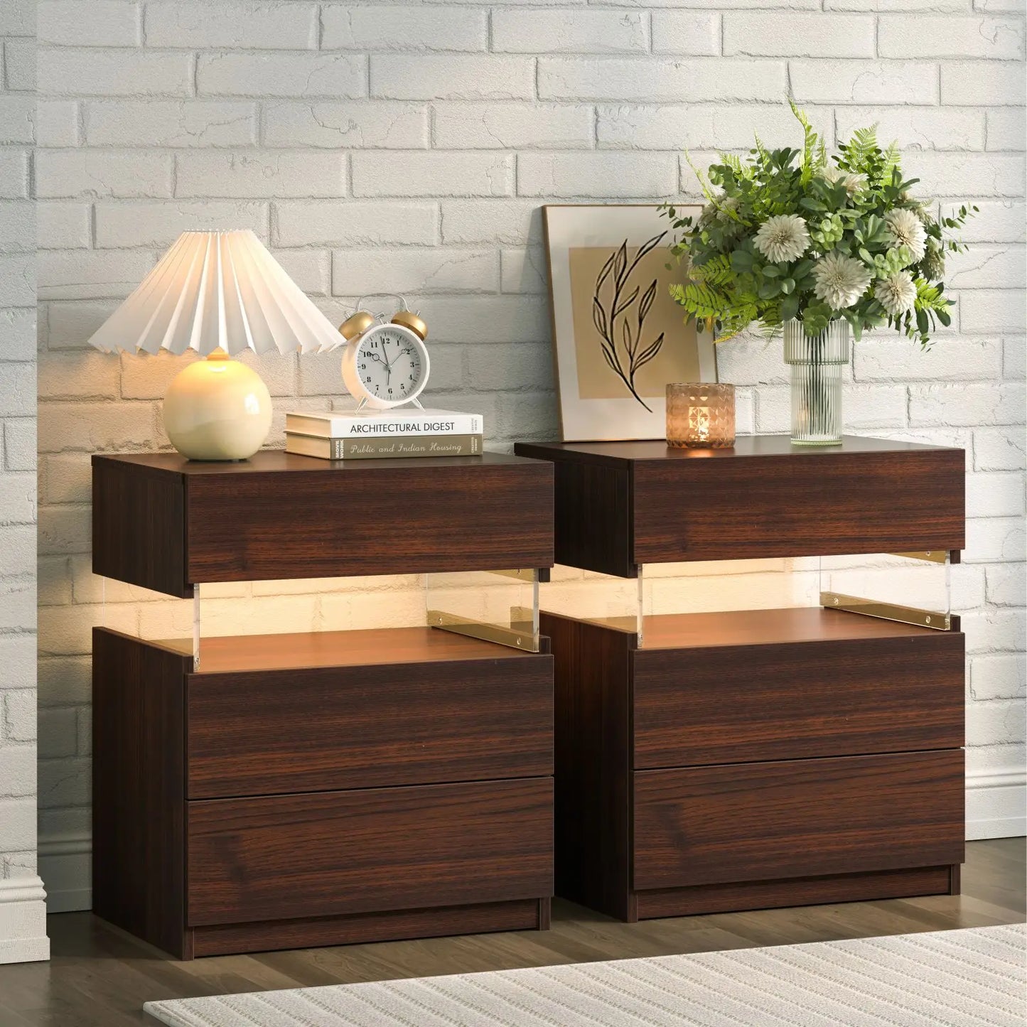Bedside Tables Set with LED Lighting & 3 Drawers