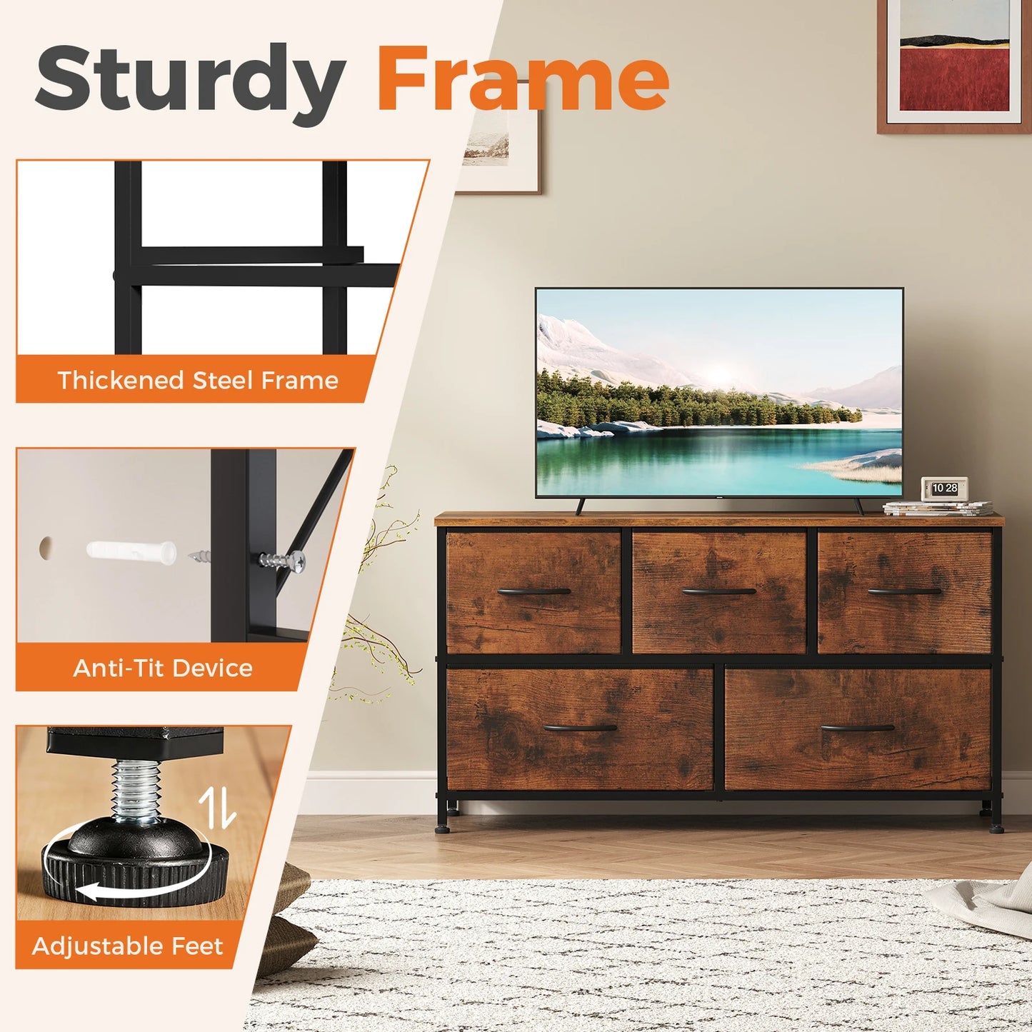 Wide Fabric Storage Tower with Wooden Top and Metal Frame