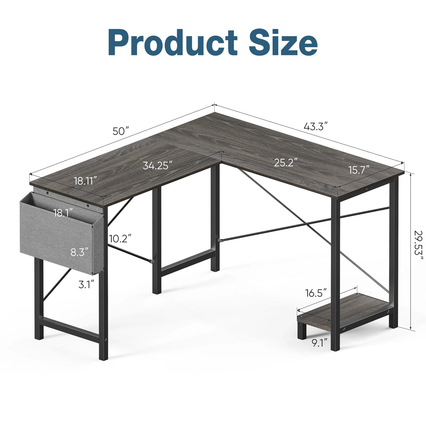 Wooden Corner Table with CPU Storage Shelf & Side Bag