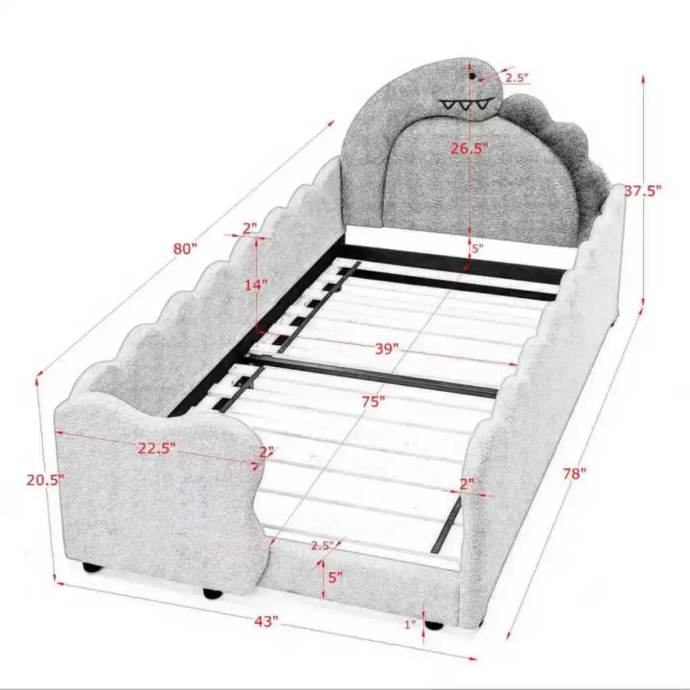 Twin Size Cute Dinosaur-Shaped Kids Bed with Safety Guardrails