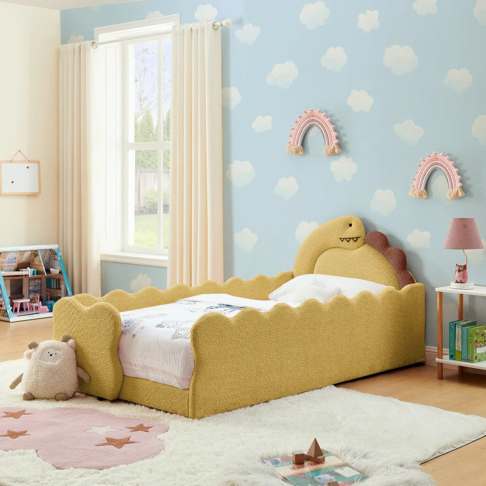 Twin Size Cute Dinosaur-Shaped Kids Bed with Safety Guardrails