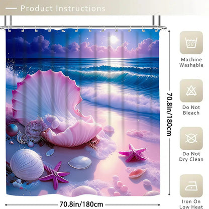 4 Pcs Pink Seashell Beach Shower Curtain Bathroom Set
