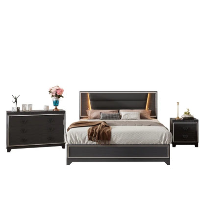 3 PCS Queen Bedroom Sets, Upholstered Bed, Nightstands & Dresser