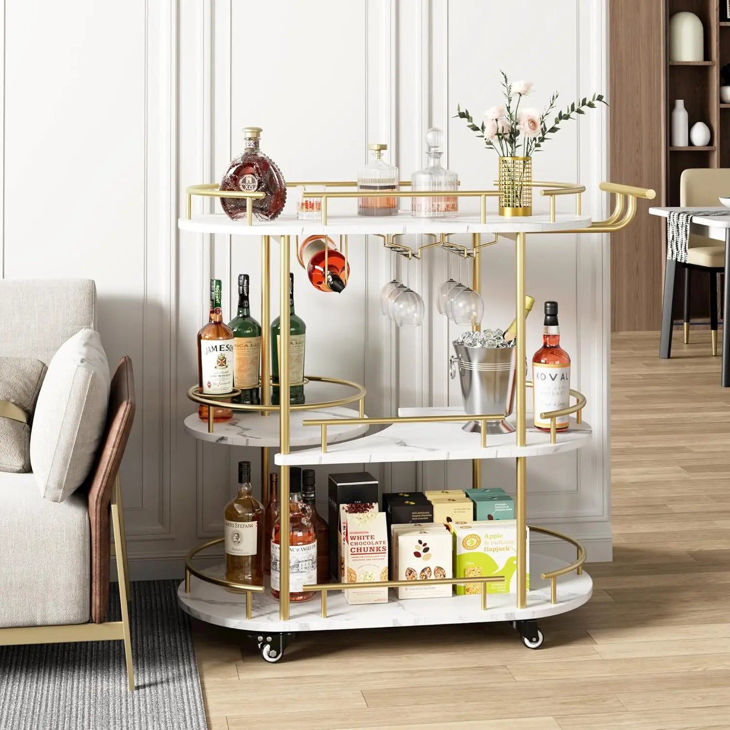 Mobile Bar, Serving Cart on Wheels w/ Wine Rack & Glass Holder