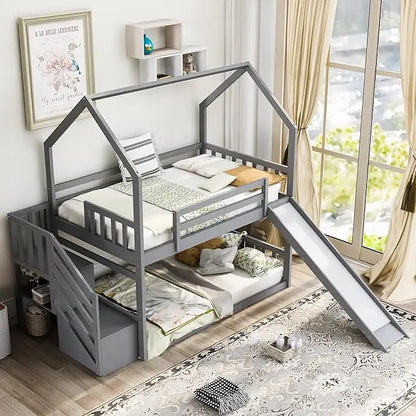Twin Over Twin Bunk Bed with Slide & Storage Staircase