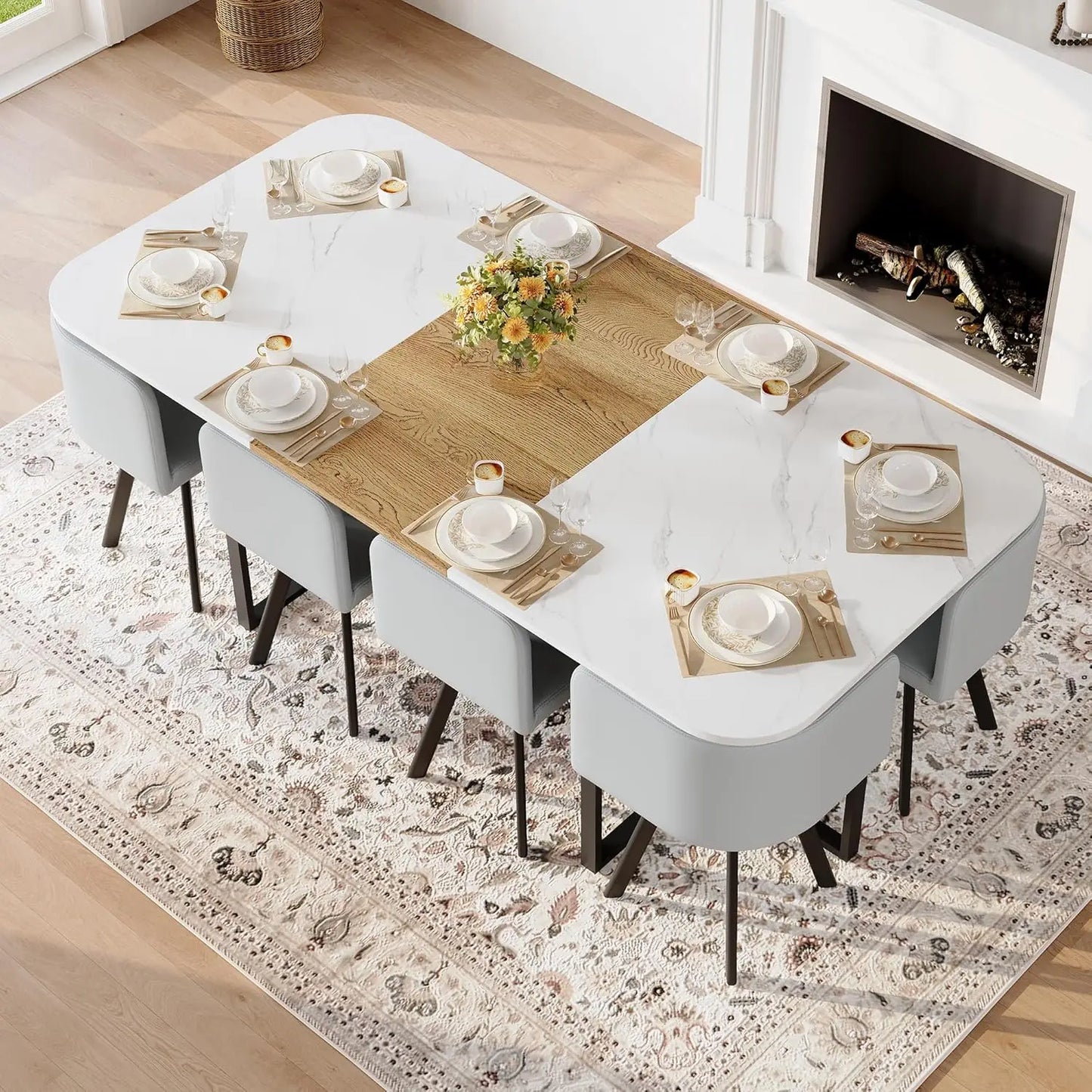 9-Piece Space-Saving Two-Tone Wood Grain Dining Table Set