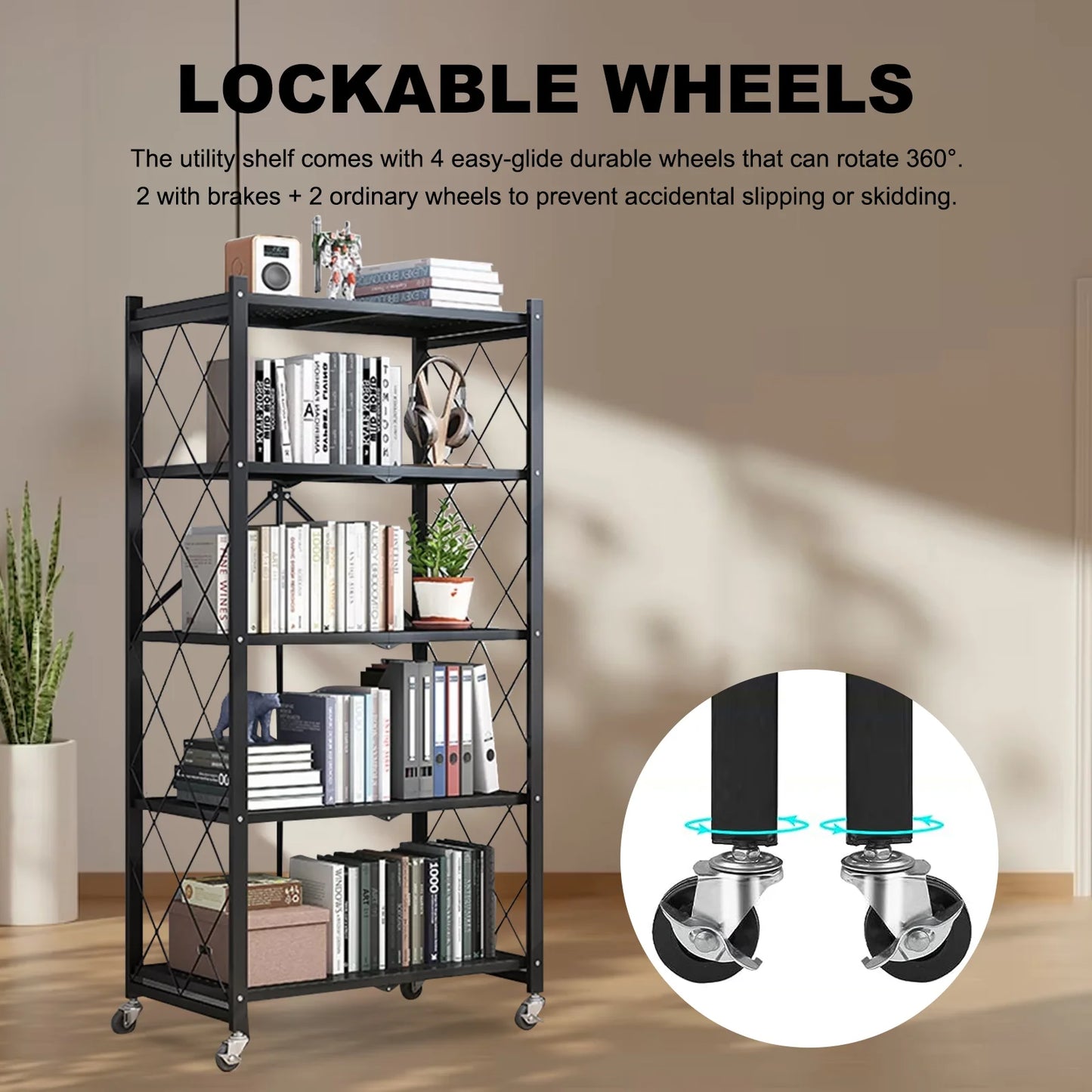 Foldable 5 -Tier Metal Storage Shelving Unit with Wheels