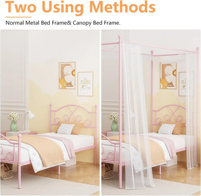 Pink Princess Canopy Bed Frame with 4 Posters, Twin Size