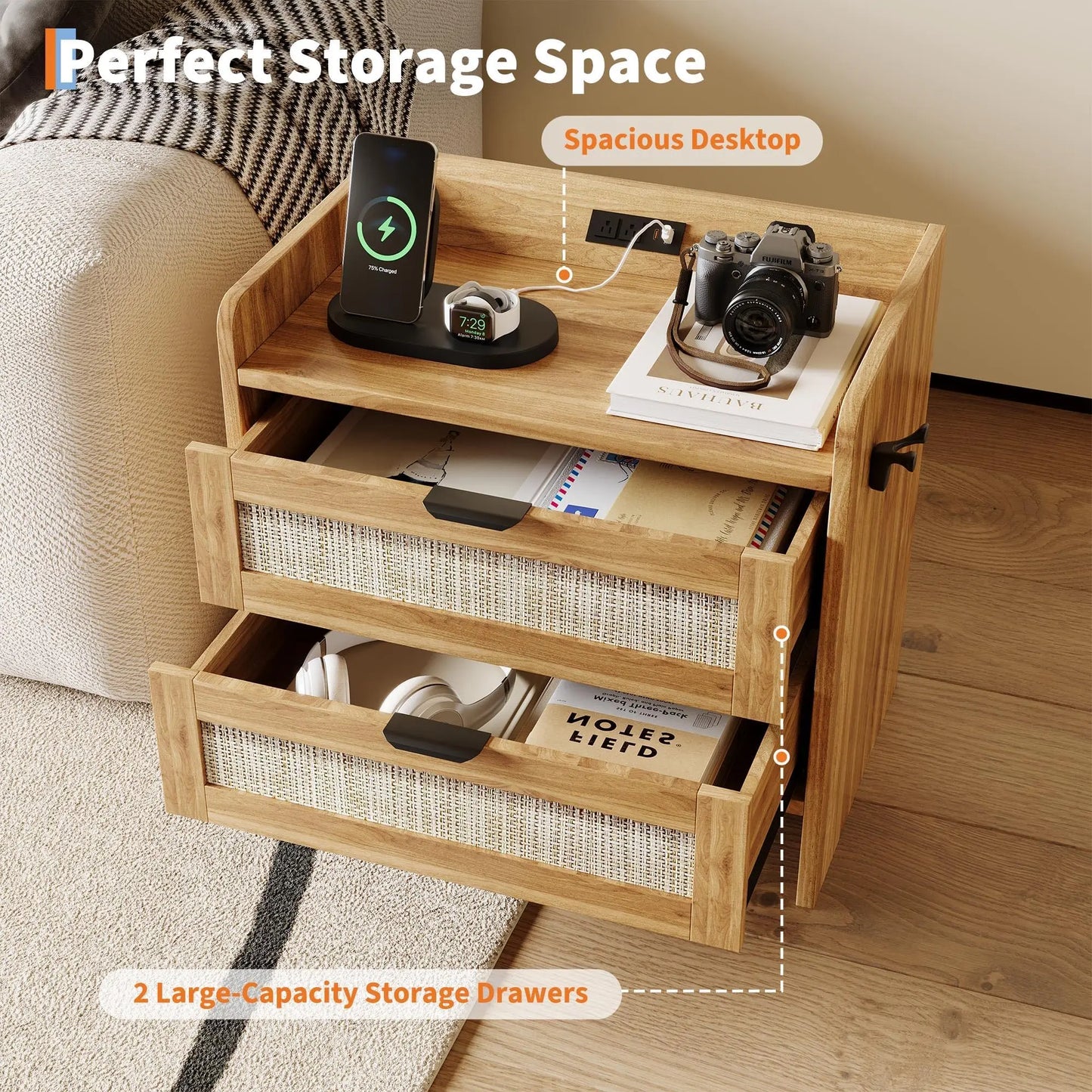 Modern Rattan Nightstand Set of 2 with Charging Station