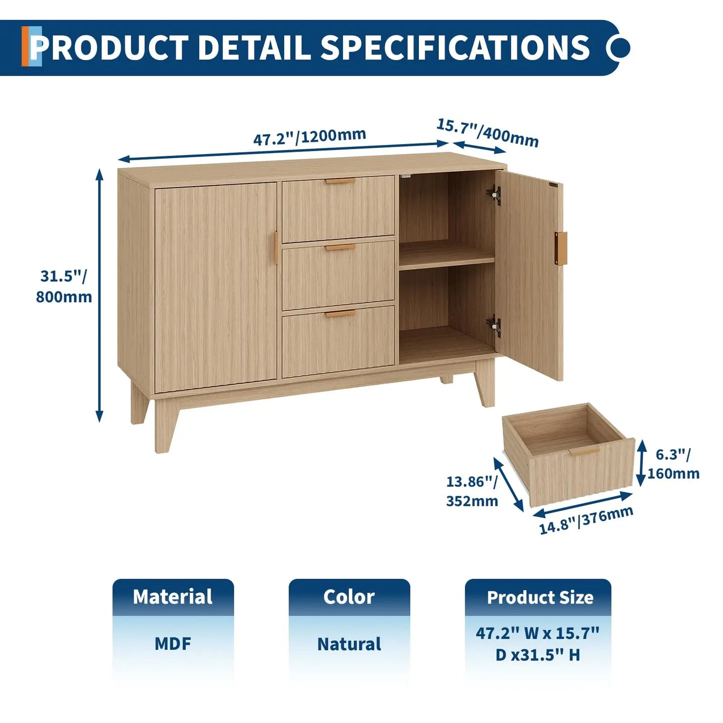 47.2" Fluted Buffet Cabinet With 3 Drawers & 2 Doors