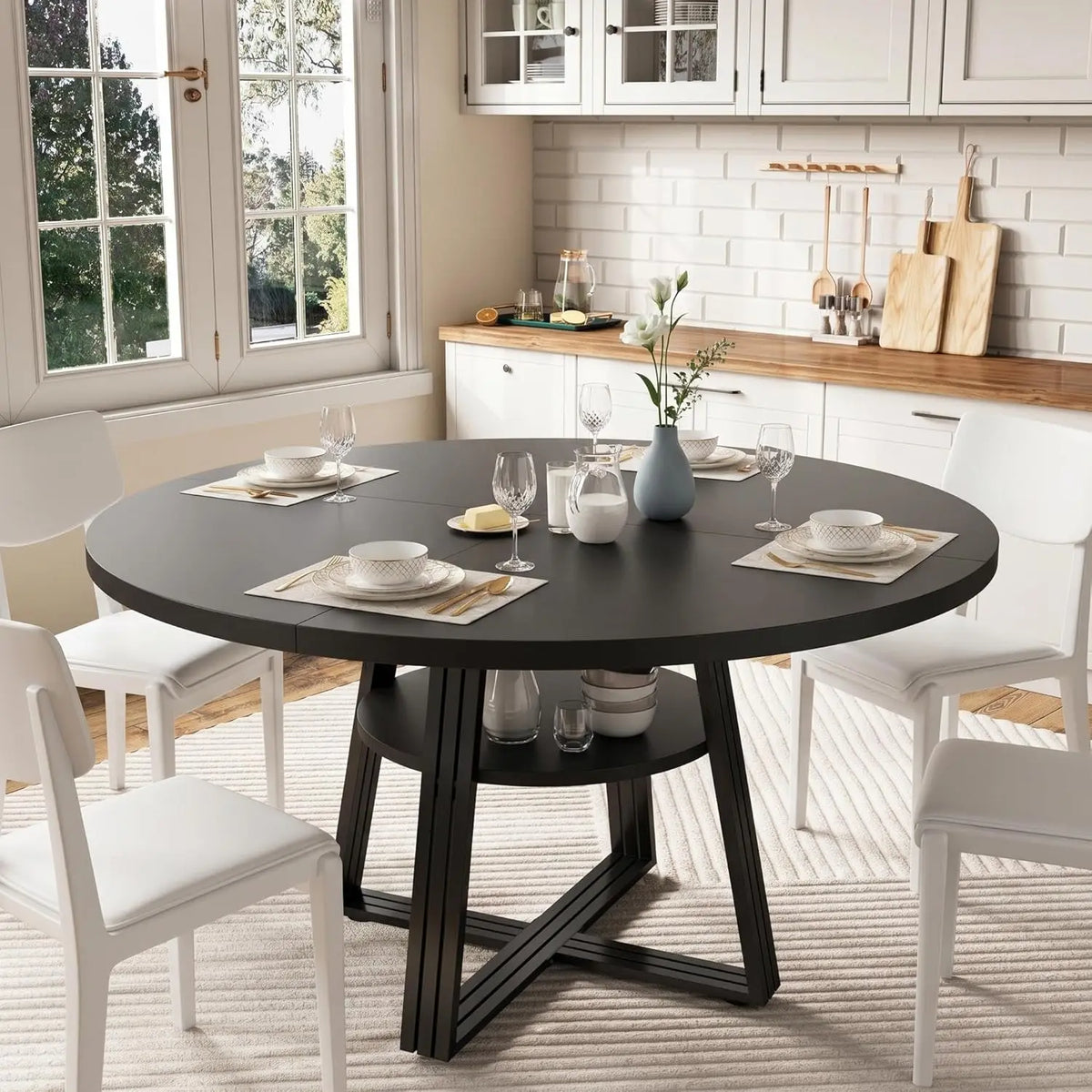 Round Farmhouse Dining Table with Shelf