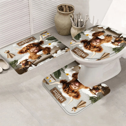 4Pcs Cute Highland Cow Shower Curtain Set with Hooks