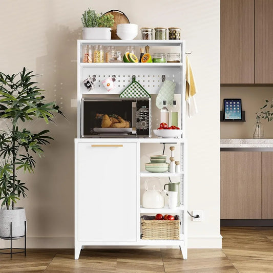 Baker's Rack with Trash Can Bin Cabinet and Power Outlet