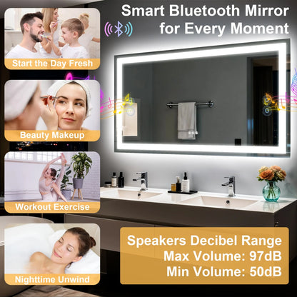 LED Bathroom Mirror w/ Speakers, Dimmable Backlit, Anti-Fog