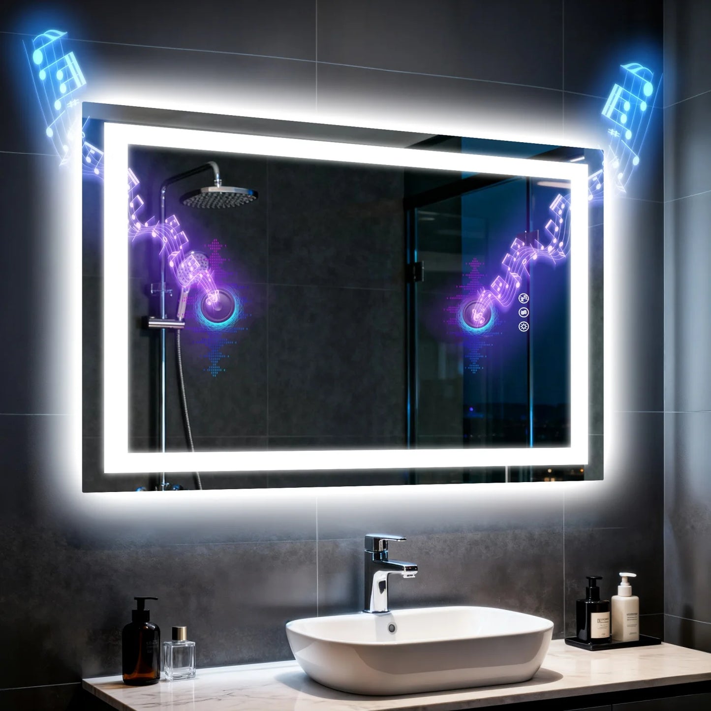 LED Bathroom Mirror w/ Speakers, Dimmable Backlit, Anti-Fog