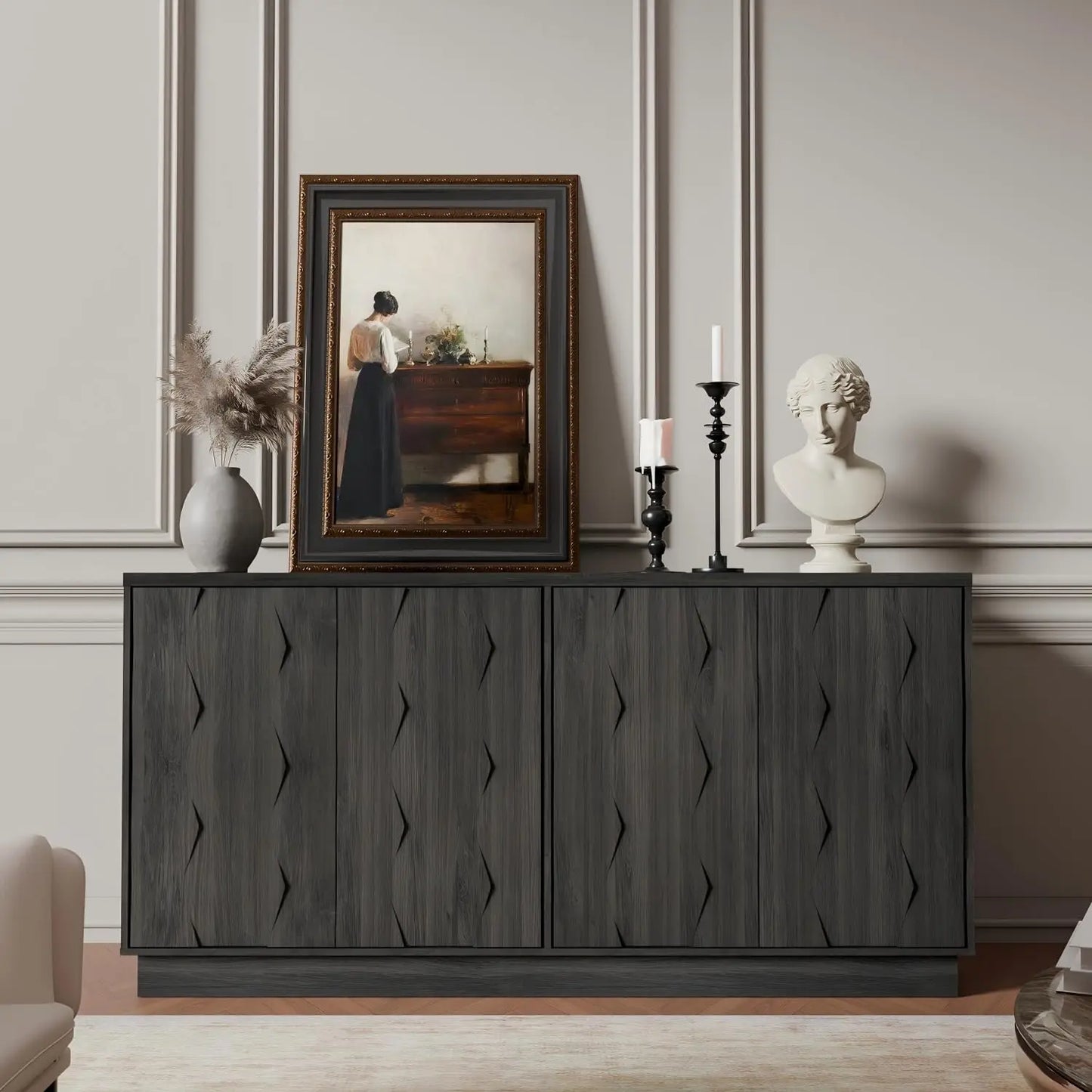 60" Walnut Sideboard Buffet Cabinet w/ Hexagon Textured Doors