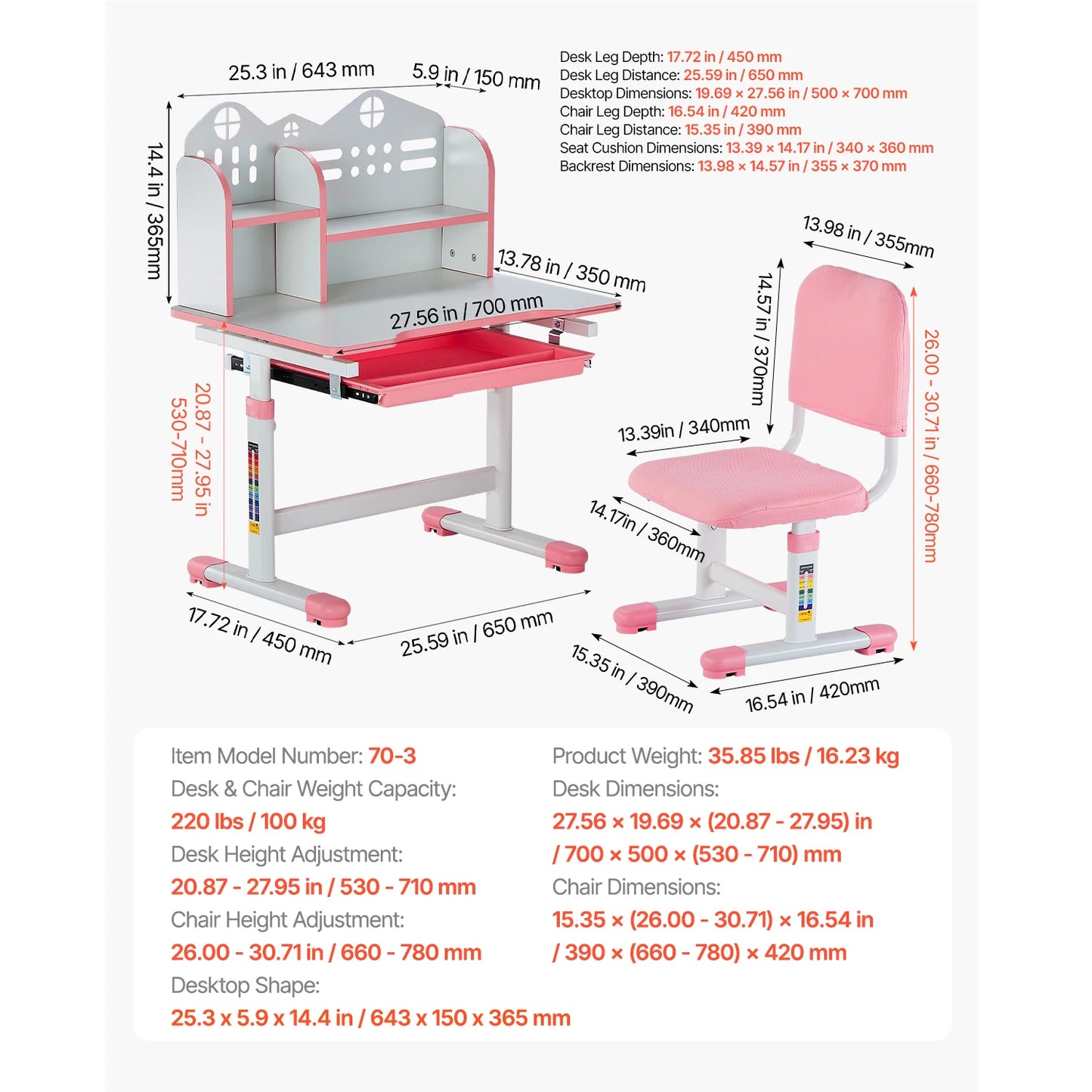 Kids Study Chair and Desk Set with Adjustable Height